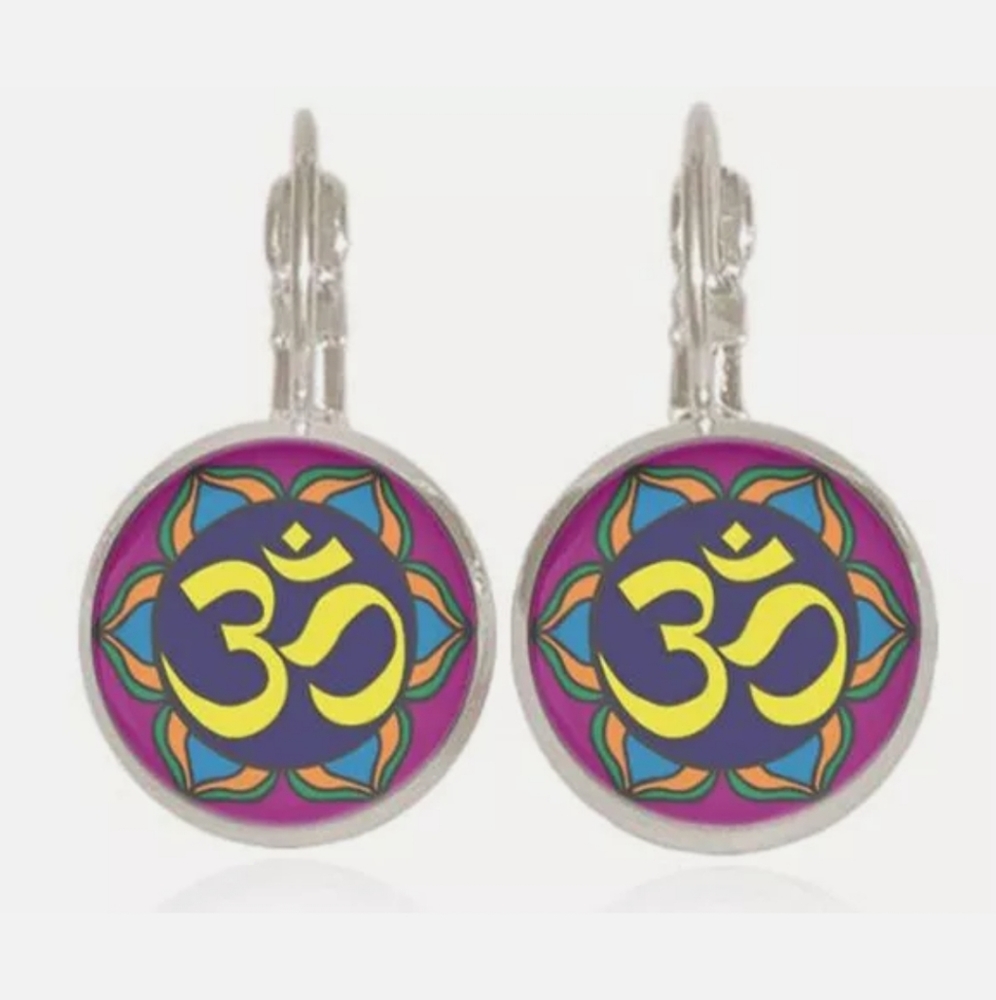 New OM Symbol Glass Cabochon Silver Earrings.
